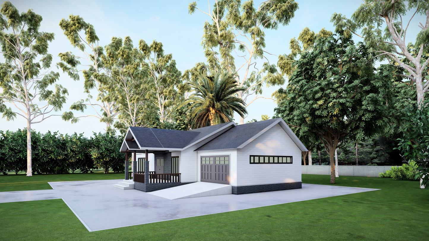 651 Sq Ft 1-Bedroom Home Plans with Attached Garage – Floor Plan, Elevations, Roof Plan, and Foundation Plan