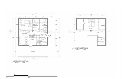 674sqft Tiny Cabin Home Plans with 4 Bedrooms with loft Above Blueprints