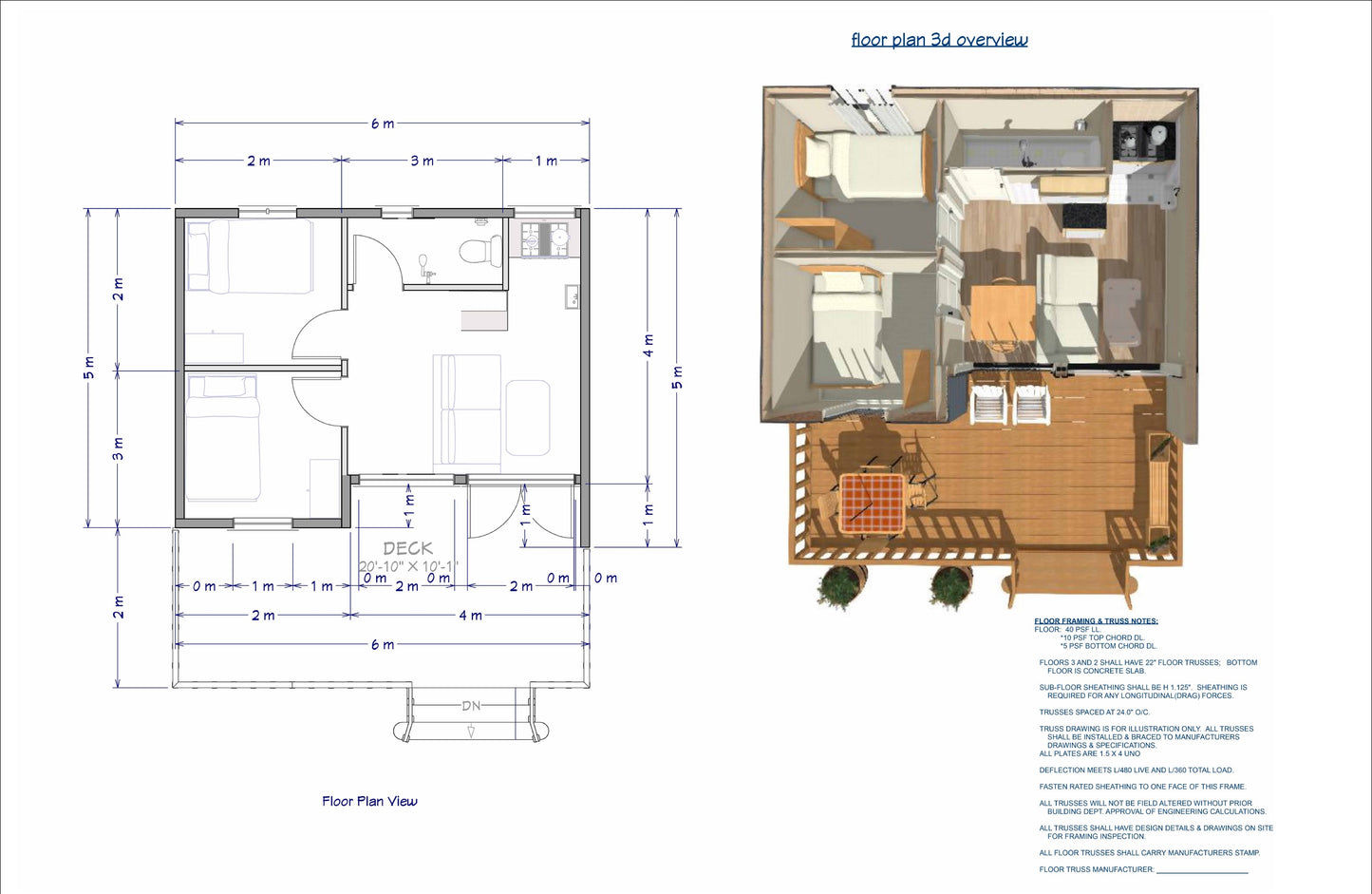 6x5m Tiny Home Plans - 2 Bedrooms, Washroom, Living Room, Mini Kitchen, and Porch Design