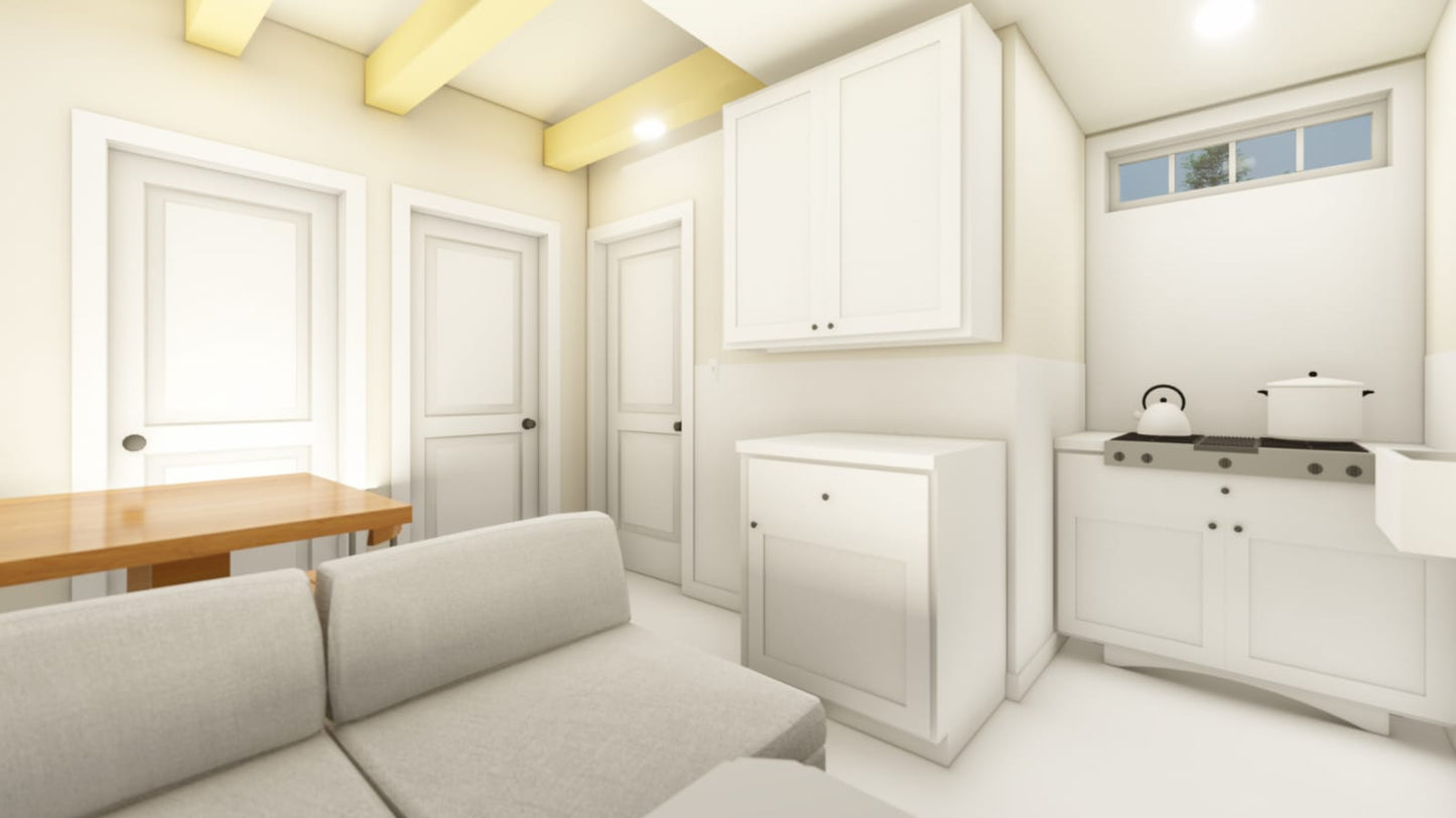 6x5m Tiny Home Plans - 2 Bedrooms, Washroom, Living Room, Mini Kitchen, and Porch Design