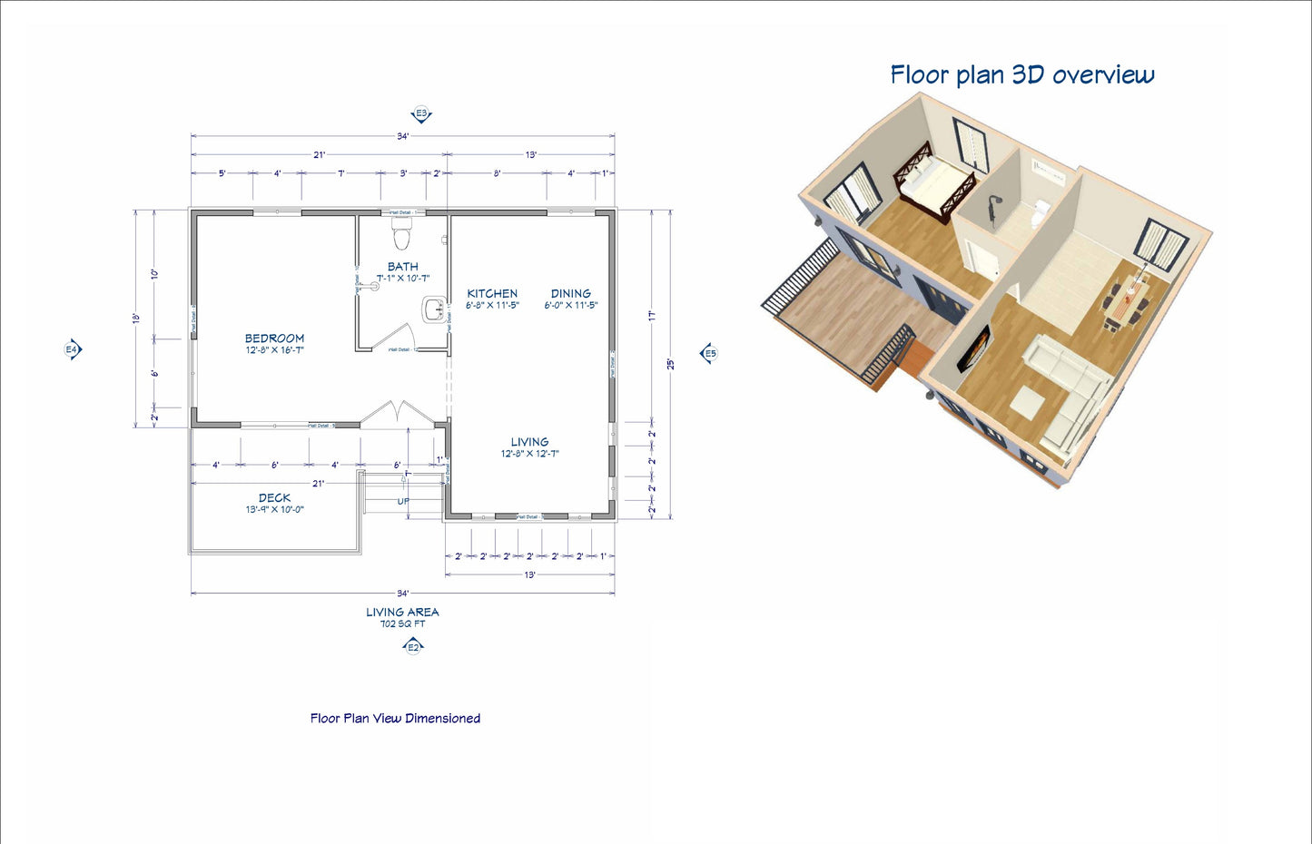 702 SqFt Tiny Home Single Bedroom ADU Plans - Architectural Design