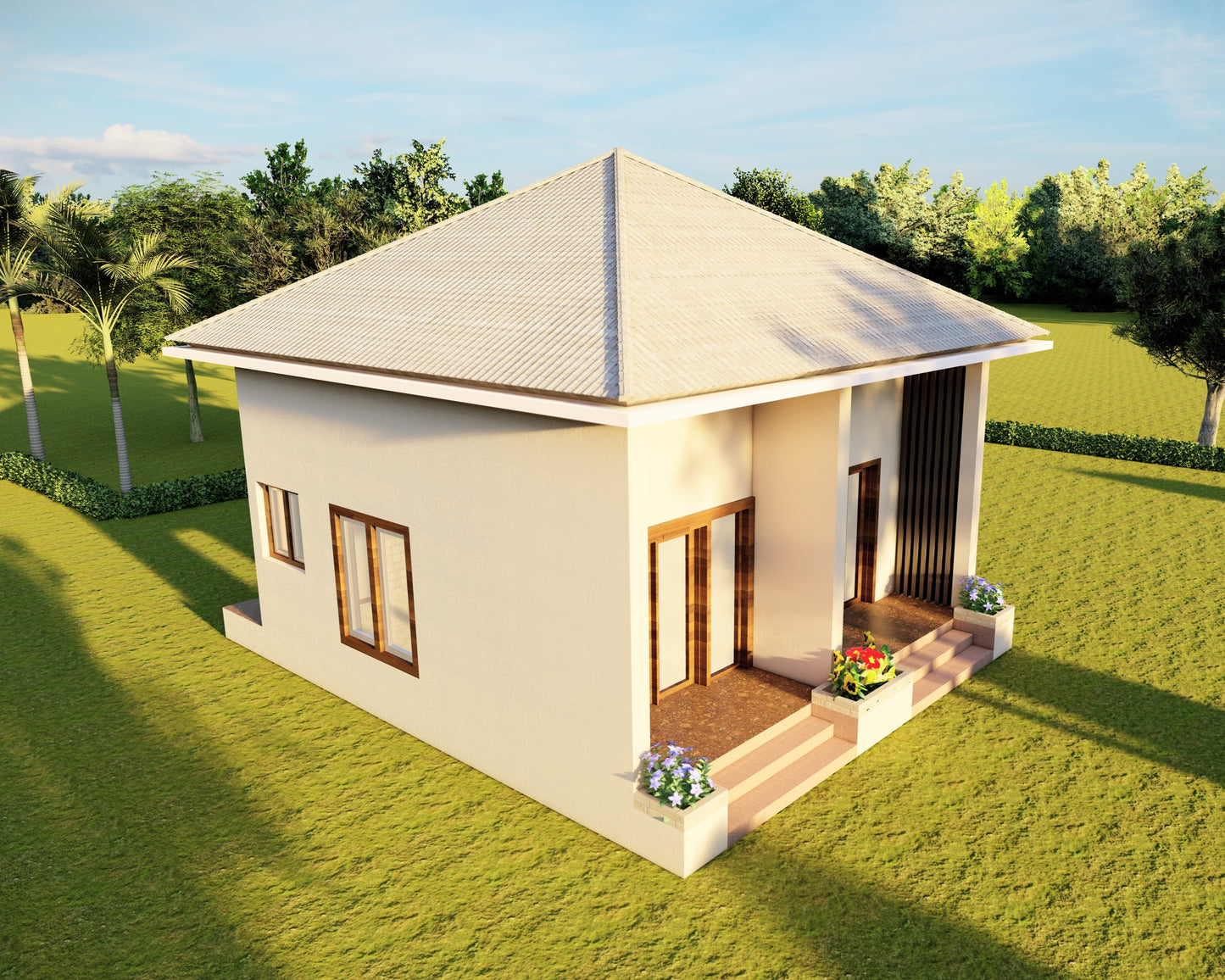 7m x 7m Tiny Home Design Plans – Bedroom, Kitchen, Bathroom, Dining, Living Room, Floor Plan, Roof Plan, Elevations
