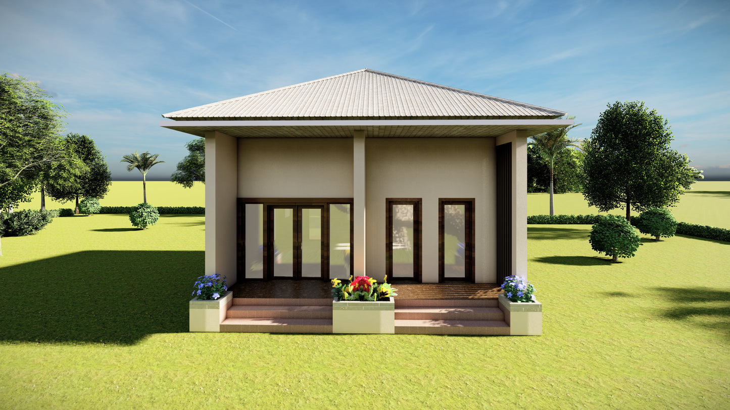 7m x 7m Tiny Home Design Plans – Bedroom, Kitchen, Bathroom, Dining, Living Room, Floor Plan, Roof Plan, Elevations