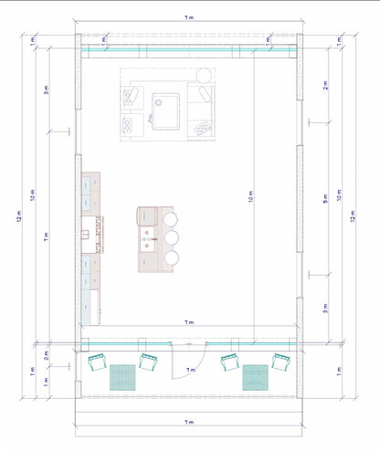 A-Frame Tiny Home Design Plans 7x11m - Flexible Design with Kitchen Island, Sitting Area, and Porch