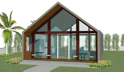 A-Frame Tiny Home Design Plans 7x11m - Flexible Design with Kitchen Island, Sitting Area, and Porch