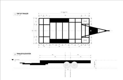 Building plans for a 16 x 8 tiny mobile home on wheels, featuring 124 sqft of living space.