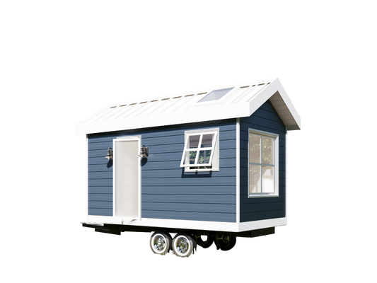 Building plans for a 16 x 8 tiny mobile home on wheels, featuring 124 sqft of living space.