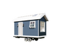 Building plans for a 16 x 8 tiny mobile home on wheels, featuring 124 sqft of living space.