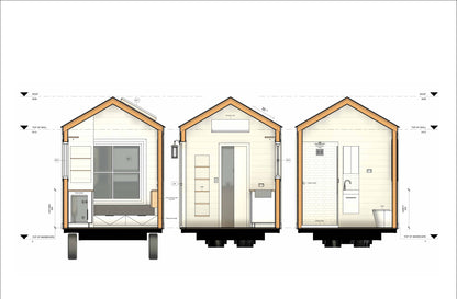 Building plans for a 16 x 8 tiny mobile home on wheels, featuring 124 sqft of living space.