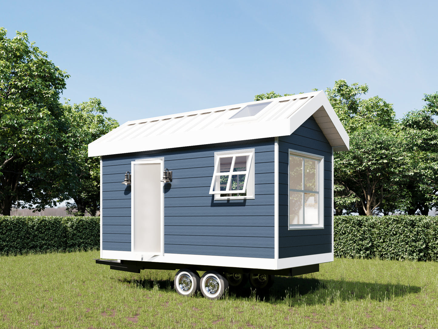 Building plans for a 16 x 8 tiny mobile home on wheels, featuring 124 sqft of living space.