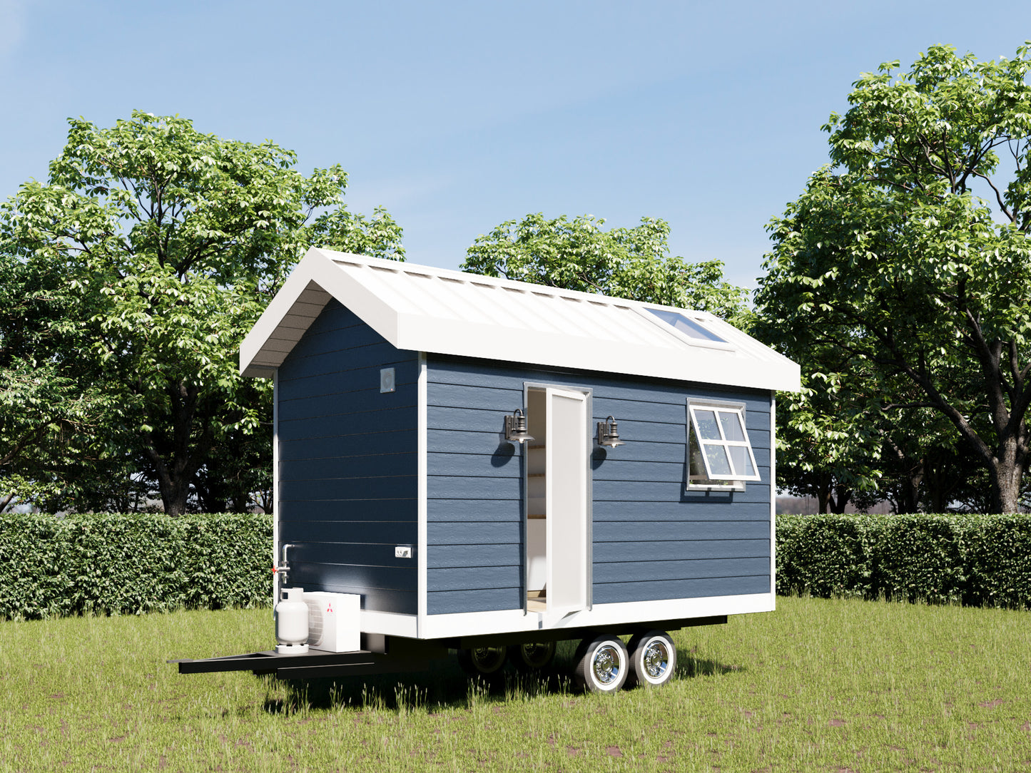 Building plans for a 16 x 8 tiny mobile home on wheels, featuring 124 sqft of living space.