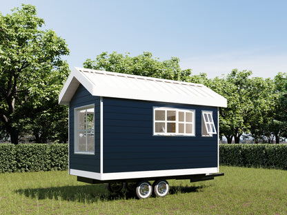 Building plans for a 16 x 8 tiny mobile home on wheels, featuring 124 sqft of living space.