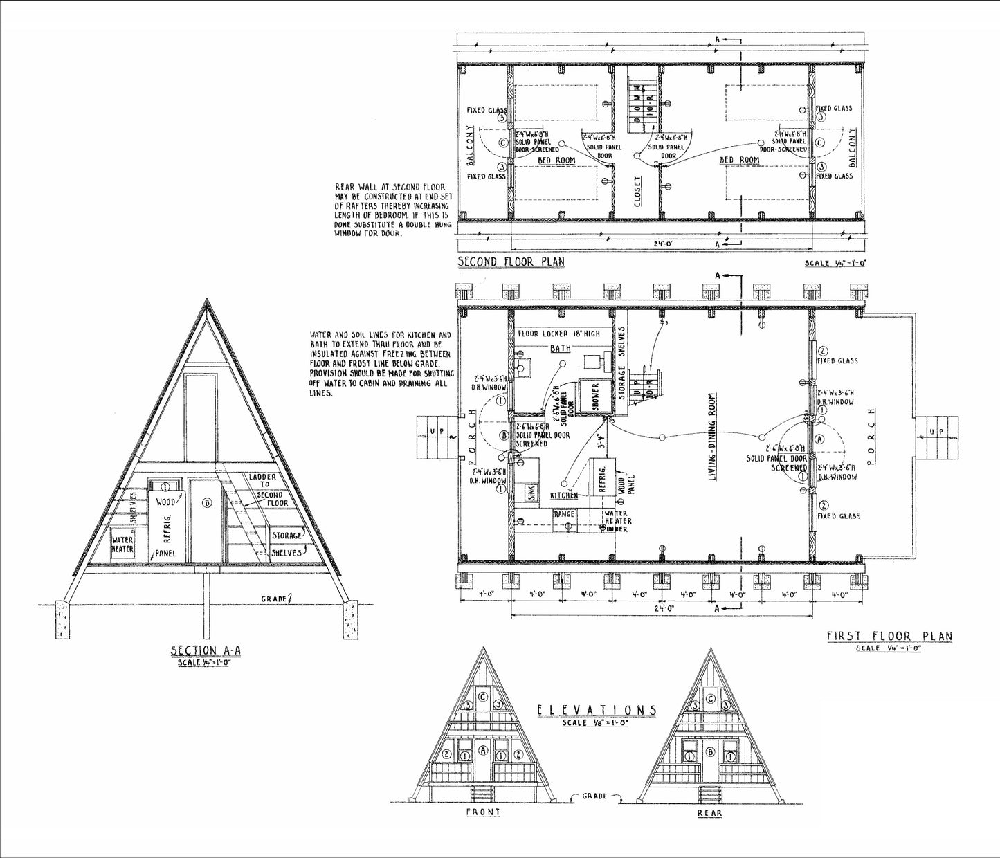 Plans for a 24 x 20 A-Frame Cabin with loft, Small Vacation House Design Including a Second Floor and totaling 768 sqft