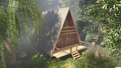 Plans for a 24 x 20 A-Frame Cabin with loft, Small Vacation House Design Including a Second Floor and totaling 768 sqft