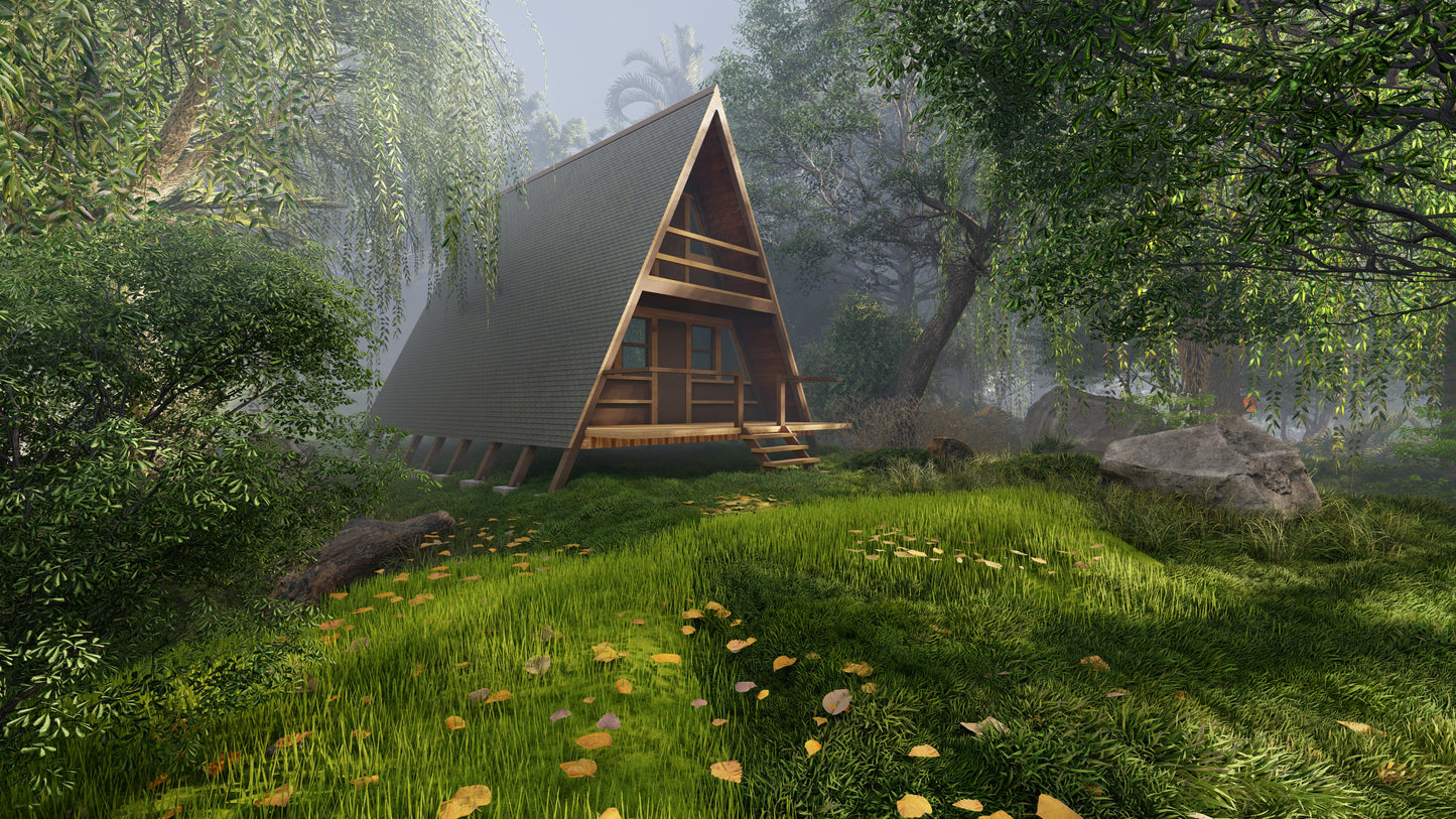 Plans for a 24 x 20 A-Frame Cabin with loft, Small Vacation House Design Including a Second Floor and totaling 768 sqft