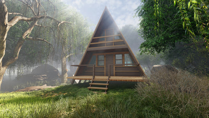 Plans for a 24 x 20 A-Frame Cabin with loft, Small Vacation House Design Including a Second Floor and totaling 768 sqft