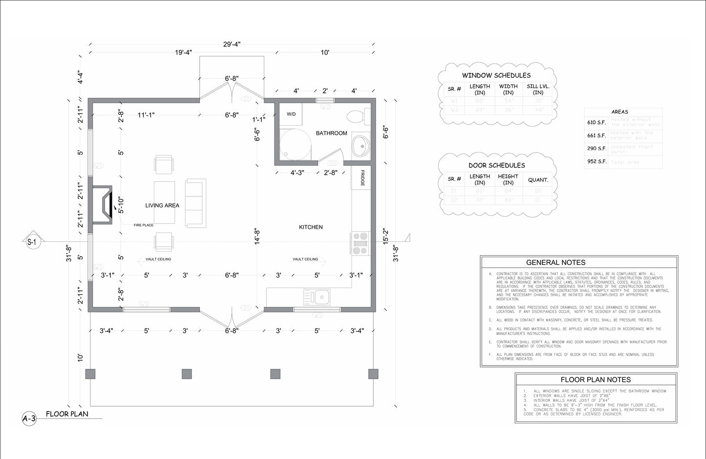 Charming 952 sqft Tiny Studio Cabin Plans Open Concept with Kitchen, Living Area, and Washroom