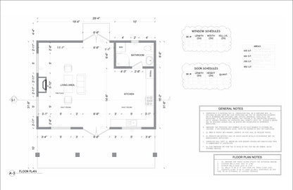 Charming 952 sqft Tiny Studio Cabin Plans Open Concept with Kitchen, Living Area, and Washroom