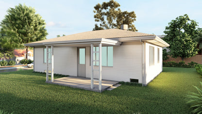 Plans for 36x25 Wood Home - 900 SqFt, 2 Bedrooms, Kitchen, Living Room, Utility Room, Floor Plan & Elevations