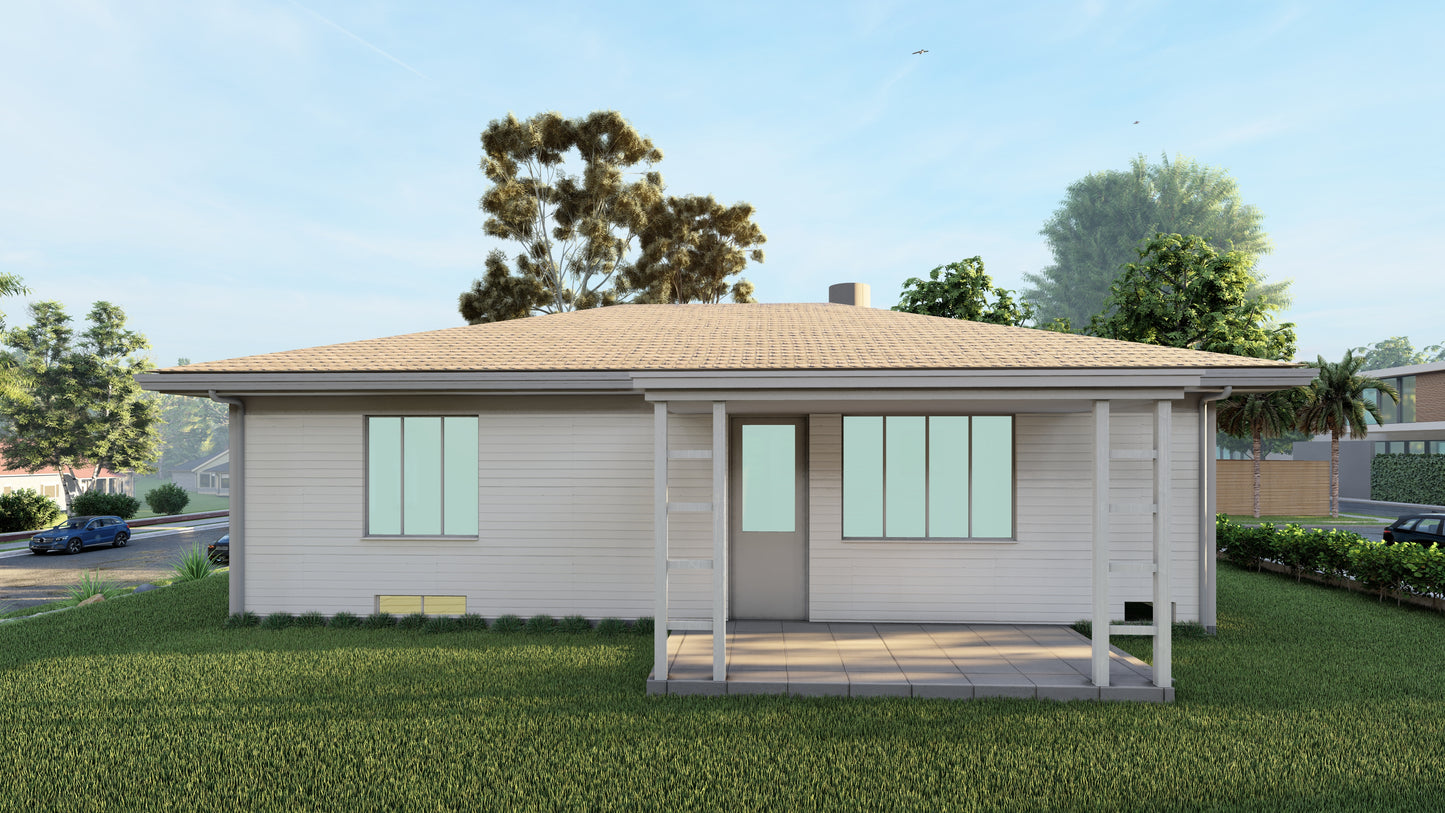 Plans for 36x25 Wood Home - 900 SqFt, 2 Bedrooms, Kitchen, Living Room, Utility Room, Floor Plan & Elevations