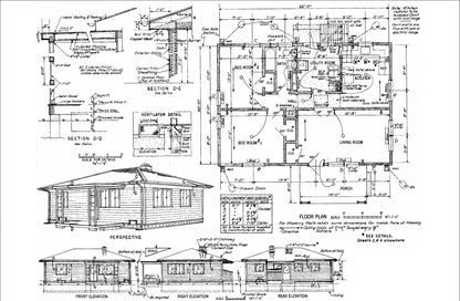 Plans for 36x25 Wood Home - 900 SqFt, 2 Bedrooms, Kitchen, Living Room, Utility Room, Floor Plan & Elevations