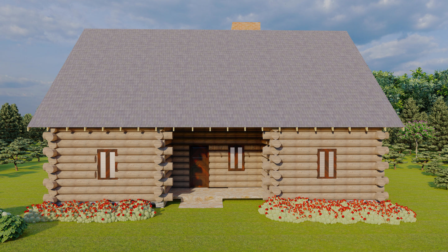 42'x33' Log Cabin Plans – 5 Bedrooms, 2 Baths, Fireplace, Comprehensive Building Blueprints