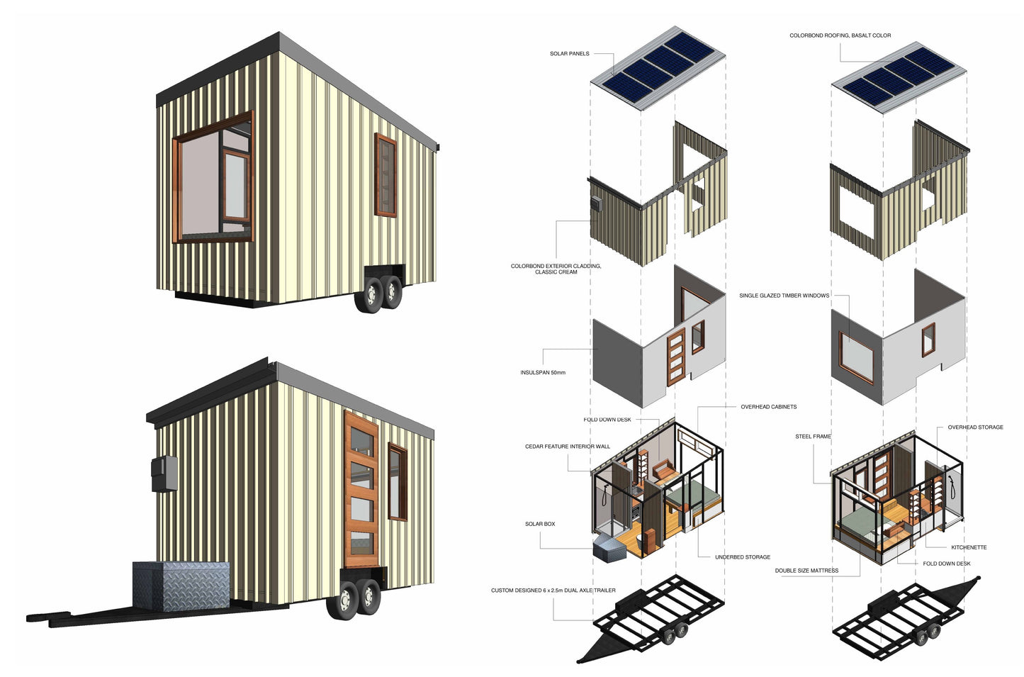 Small Mobile Home Building Plans - 13.5' x 5.5' - 75sqft - Bed, Mini Kitchen, Toilet, Shower