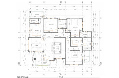 Three Bedroom Bungalow House Plans - Design Set with Foundation, Floor, and Elevation Plans