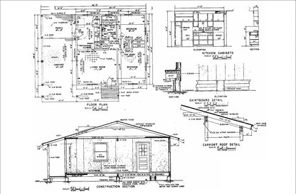 24x24 Tiny Home Cabin Building Plans – 2 Bedrooms, Living Room, Kitchen, Bath, Porch & Carport – Drawings