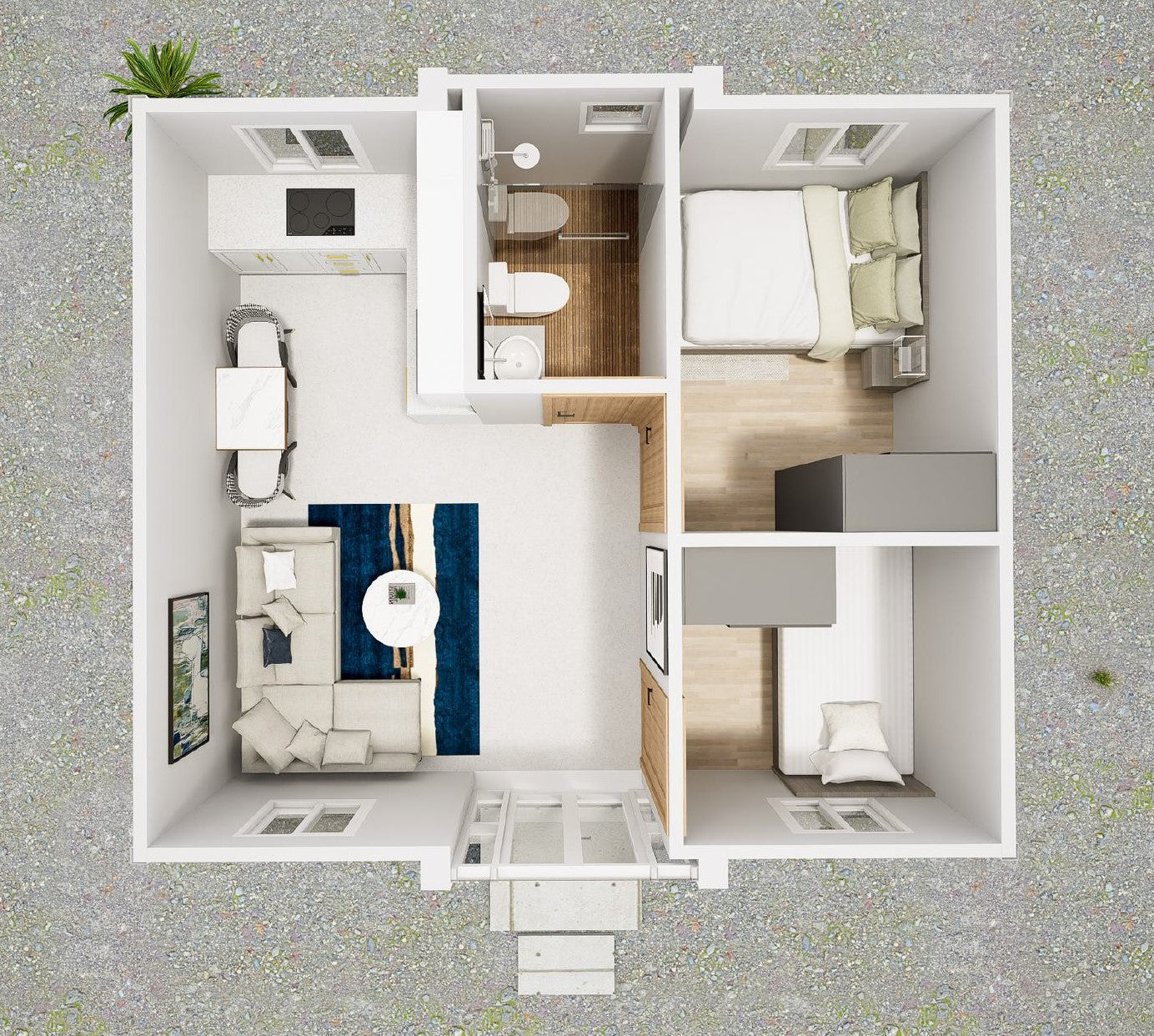 400sqft Tiny Home Plans with 2 Bedrooms, Living Room, Kitchen, Architectural Drawings and Detailed Utility Plans