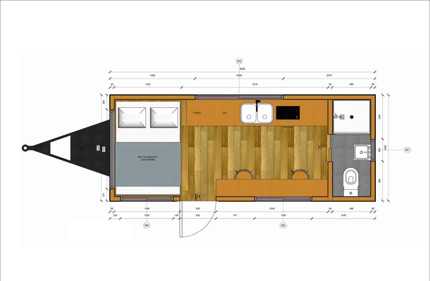 Tiny Home on Wheels Design Plans | 8'x20' | 160sqft | Detailed Floorplan, Elevations, Sections, and More