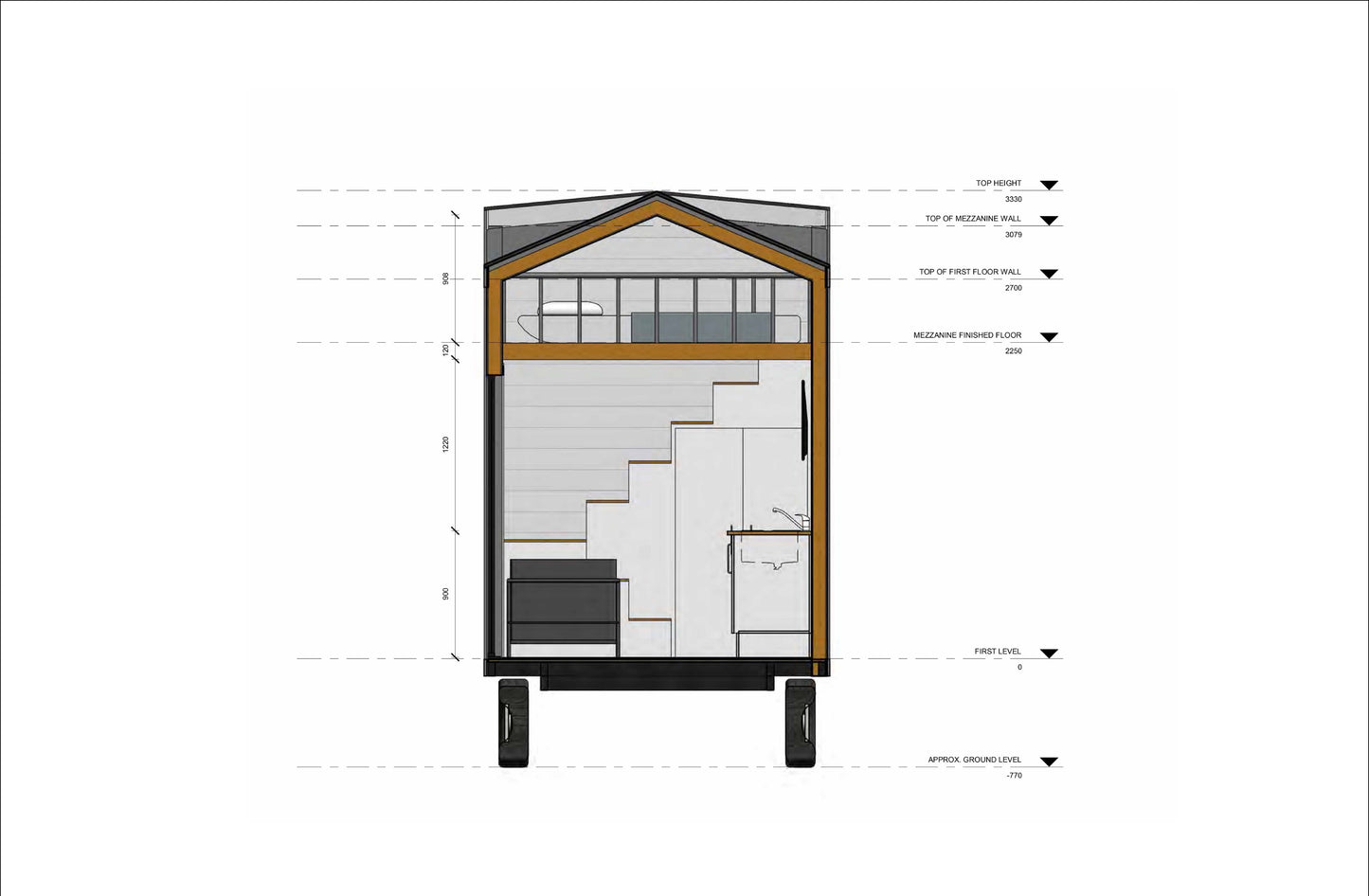 Tiny Mobile Home Building Plans - 26'x8' with 207sqft Living Space Plus Mezzanine