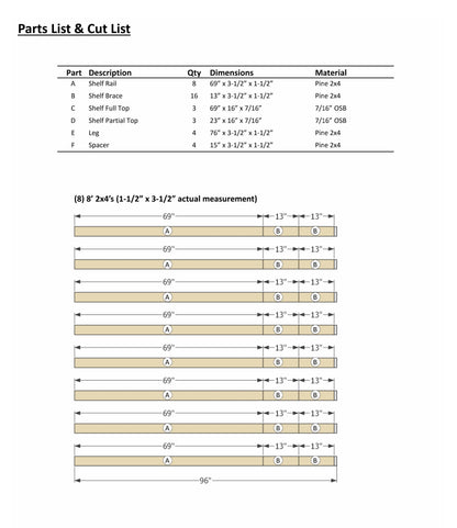 Woodworking Plans for Garage Work Shelf 69"x16"x76" - 4 Shelves, Part & Cut Lists, Step by Step Instructions