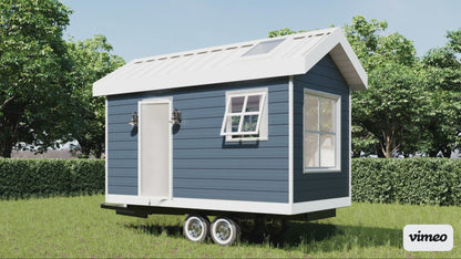 Building plans for a 16 x 8 tiny mobile home on wheels, featuring 124 sqft of living space.