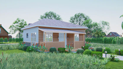 522 Sq Ft 2-Bedroom Tiny Home Plans with Porch, Kitchen & Shared Washroom - Floor Plans, Elevations, Roof and Foundation