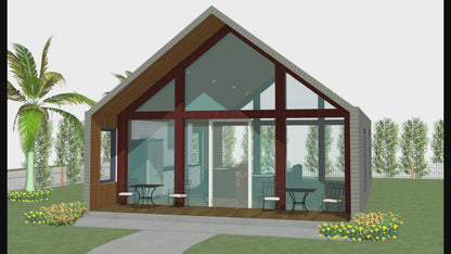 A-Frame Tiny Home Design Plans 7x11m - Flexible Design with Kitchen Island, Sitting Area, and Porch