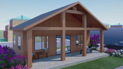 Charming 952 sqft Tiny Studio Cabin Plans Open Concept with Kitchen, Living Area, and Washroom